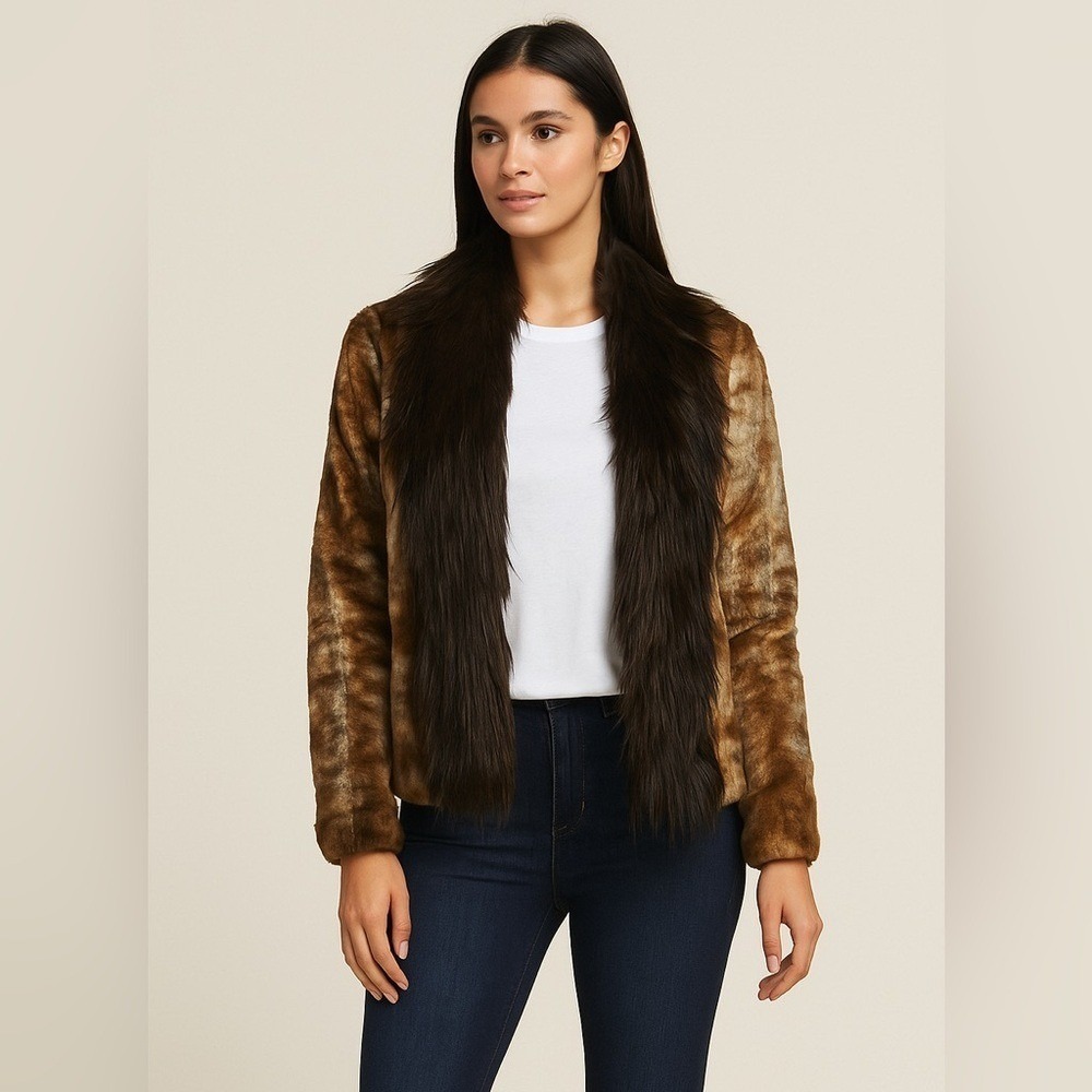 Adrienne Landau Woman's Faux‎ Fur Jacket Brown Mix Size XS NWT